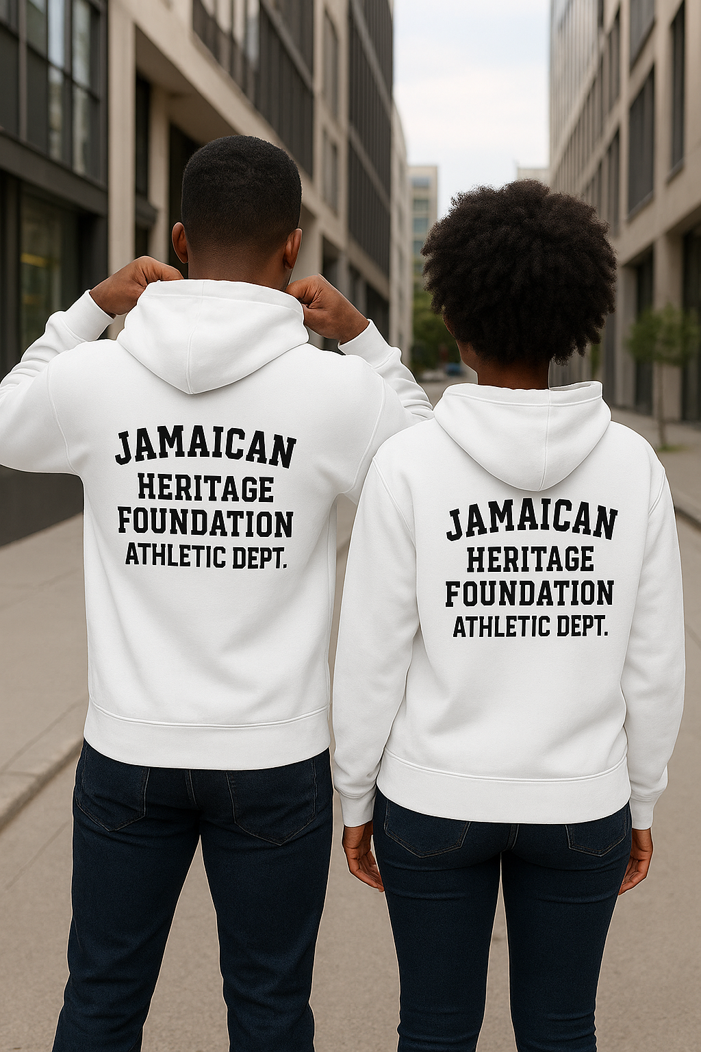 Two people wearing white hoodies with 'Jamaican Heritage Foundation Athletic Dept.' text on the back, standing on a city street.